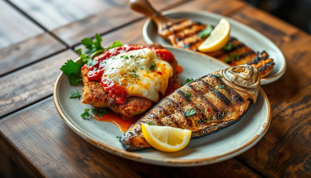 Chicken Parmigiana and Barramundi